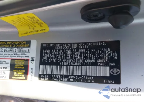 2011 Toyota Camry Le из США, поврежденный, VIN 4T1BF3EK3BU731953